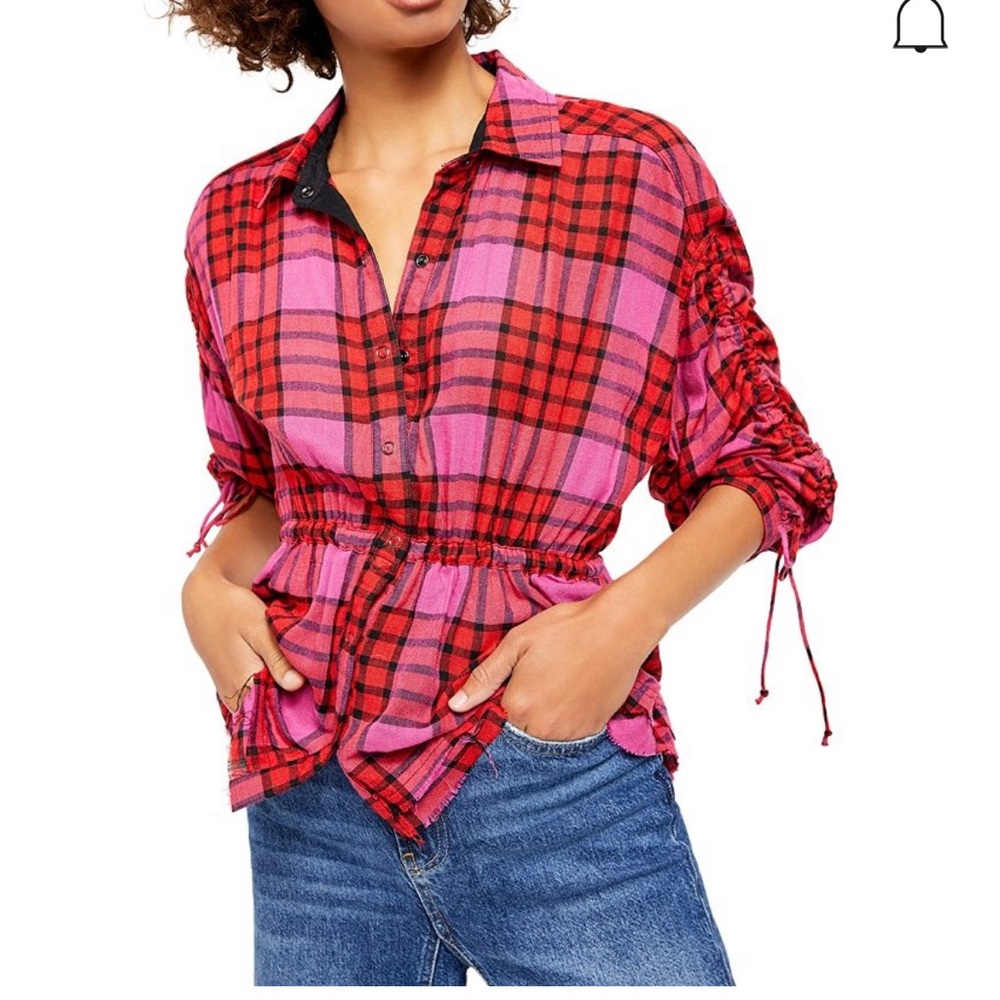 Free People Top Pacific Down Plaid Cinched Button Shirt Frayed Hem